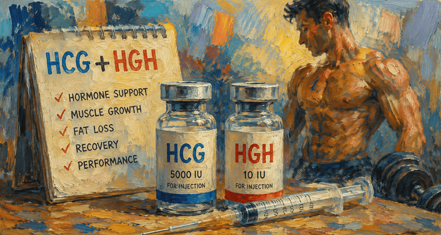 HCG and HGH vials with a syringe displayed in a dark gym-inspired setting, featuring a muscular athlete and performance-focused design elements.